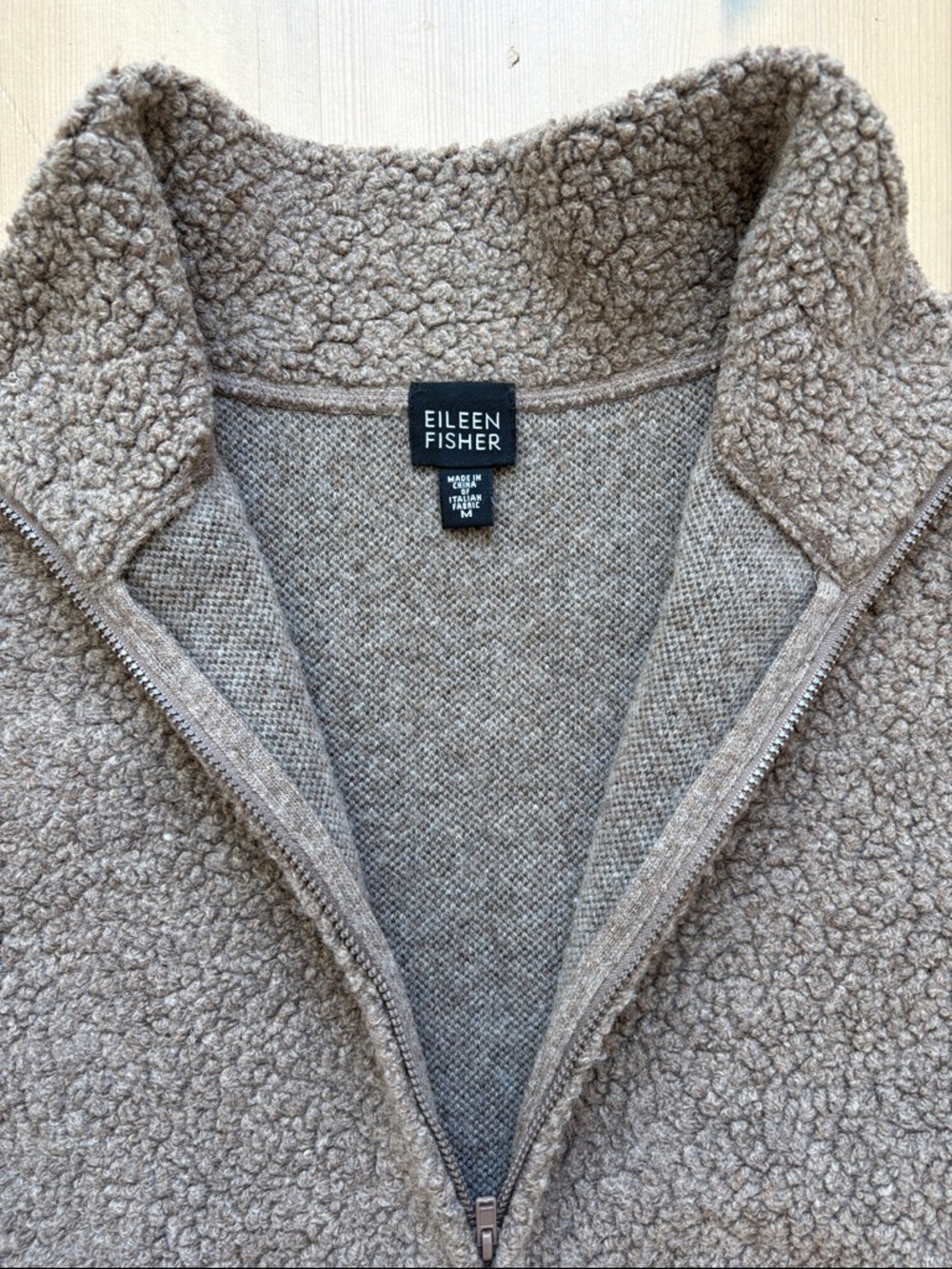 Eileen Fisher Lightweight Wool Blend Tan Zip Front Teddy Jacket - Medium - Picture 3 of 8